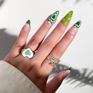 Long Almond  Green Heart Pattern Press On Nails 24 Pcs